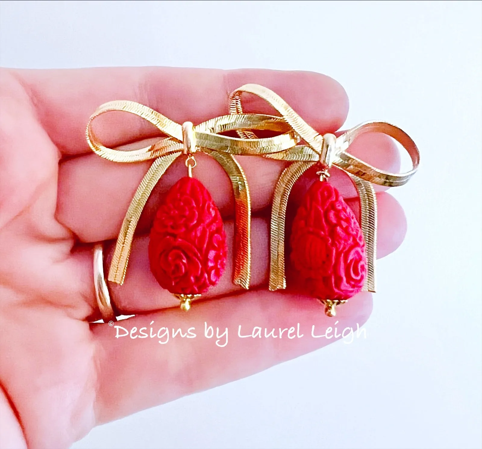 Red & Gold Bow Cinnabar Teardrop Earrings