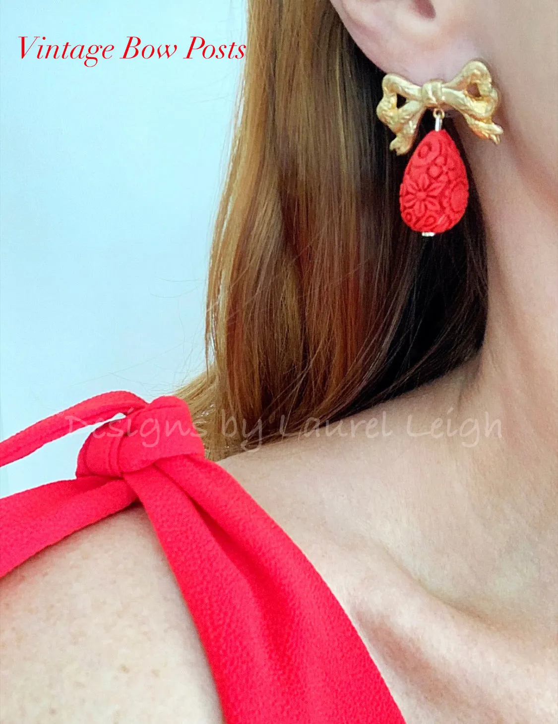 Red & Gold Bow Cinnabar Teardrop Earrings