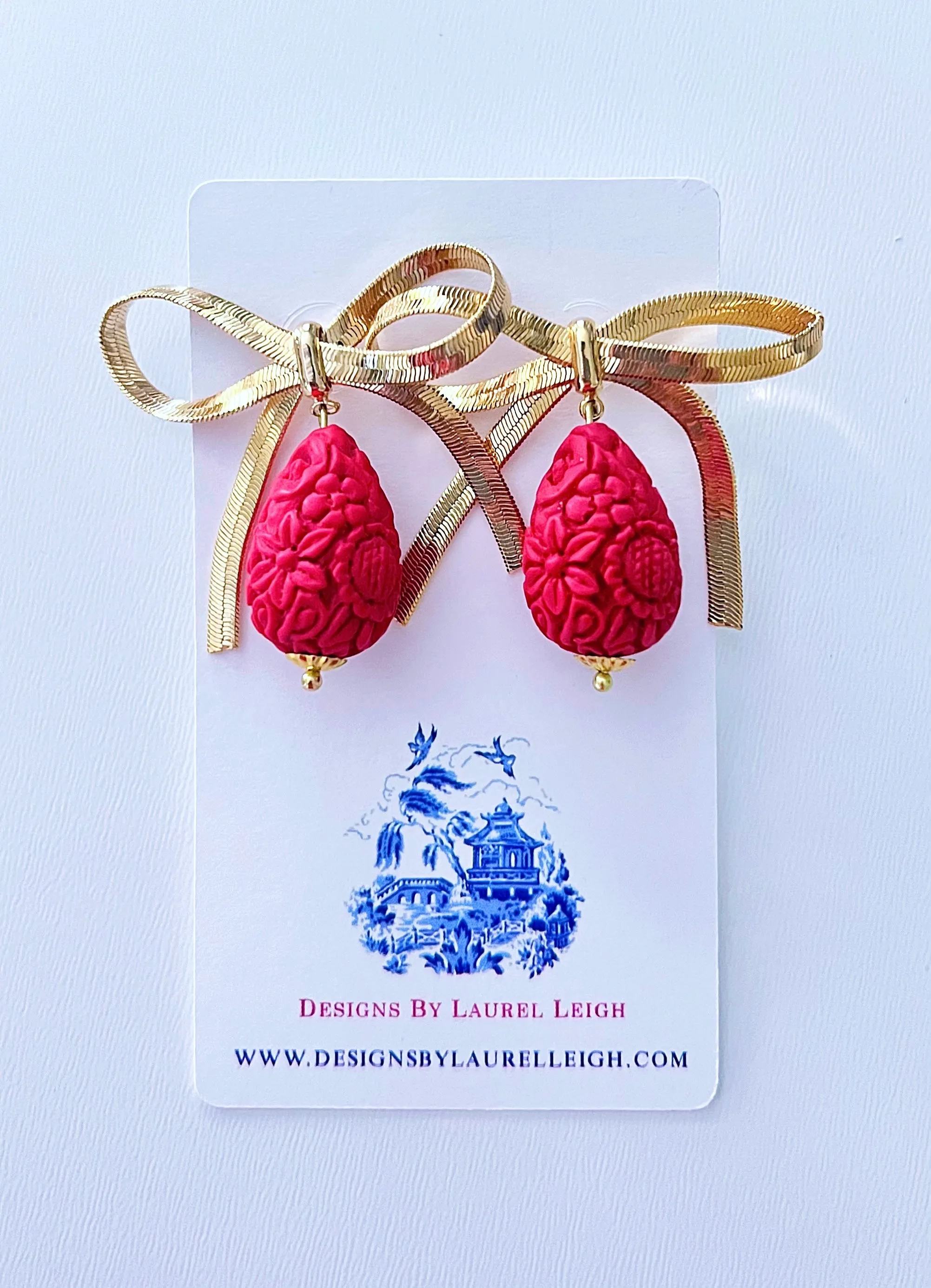 Red & Gold Bow Cinnabar Teardrop Earrings