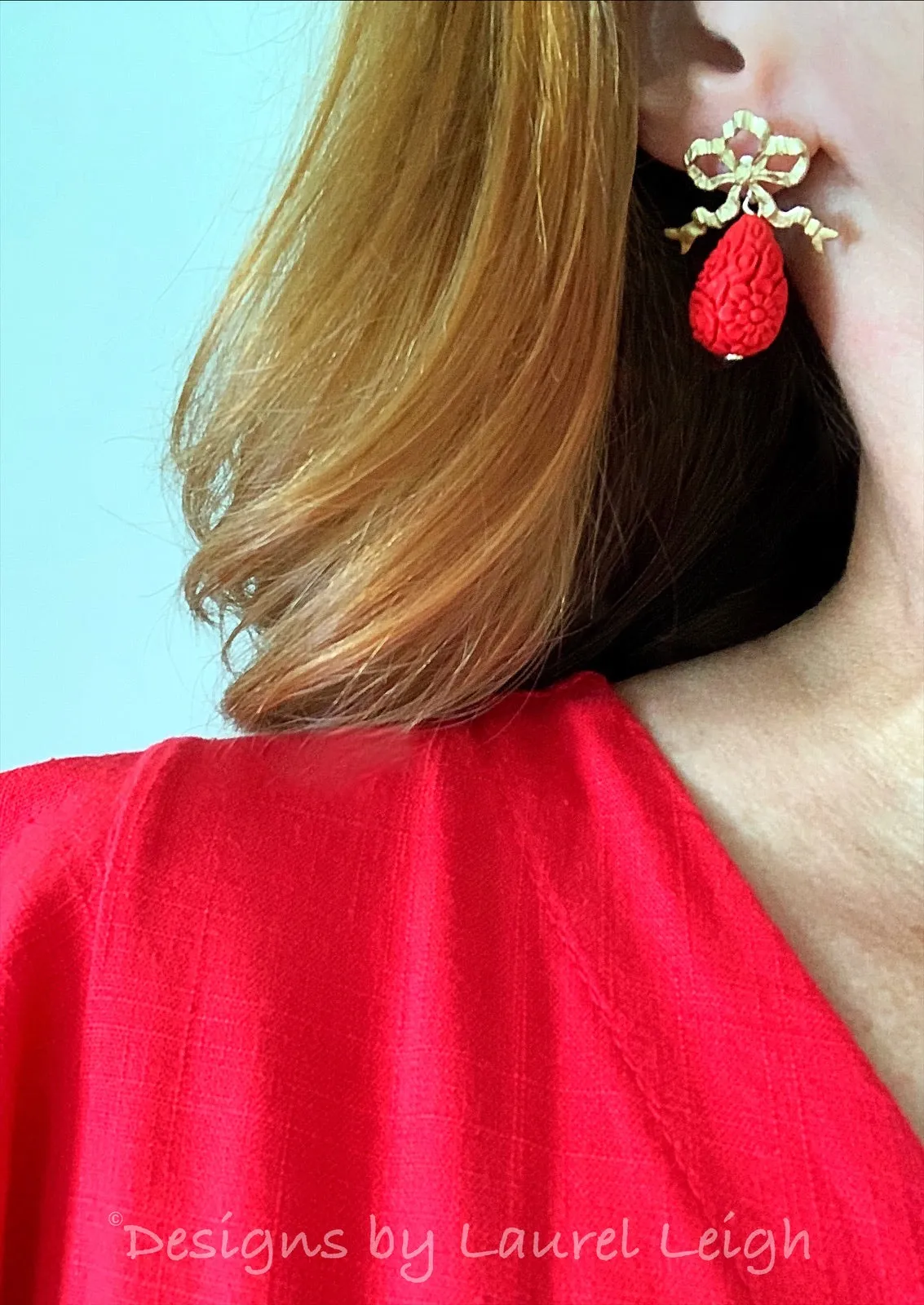 Red & Gold Bow Cinnabar Teardrop Earrings
