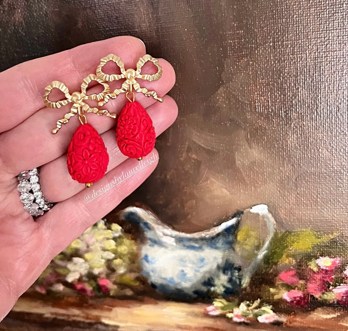 Red & Gold Bow Cinnabar Teardrop Earrings
