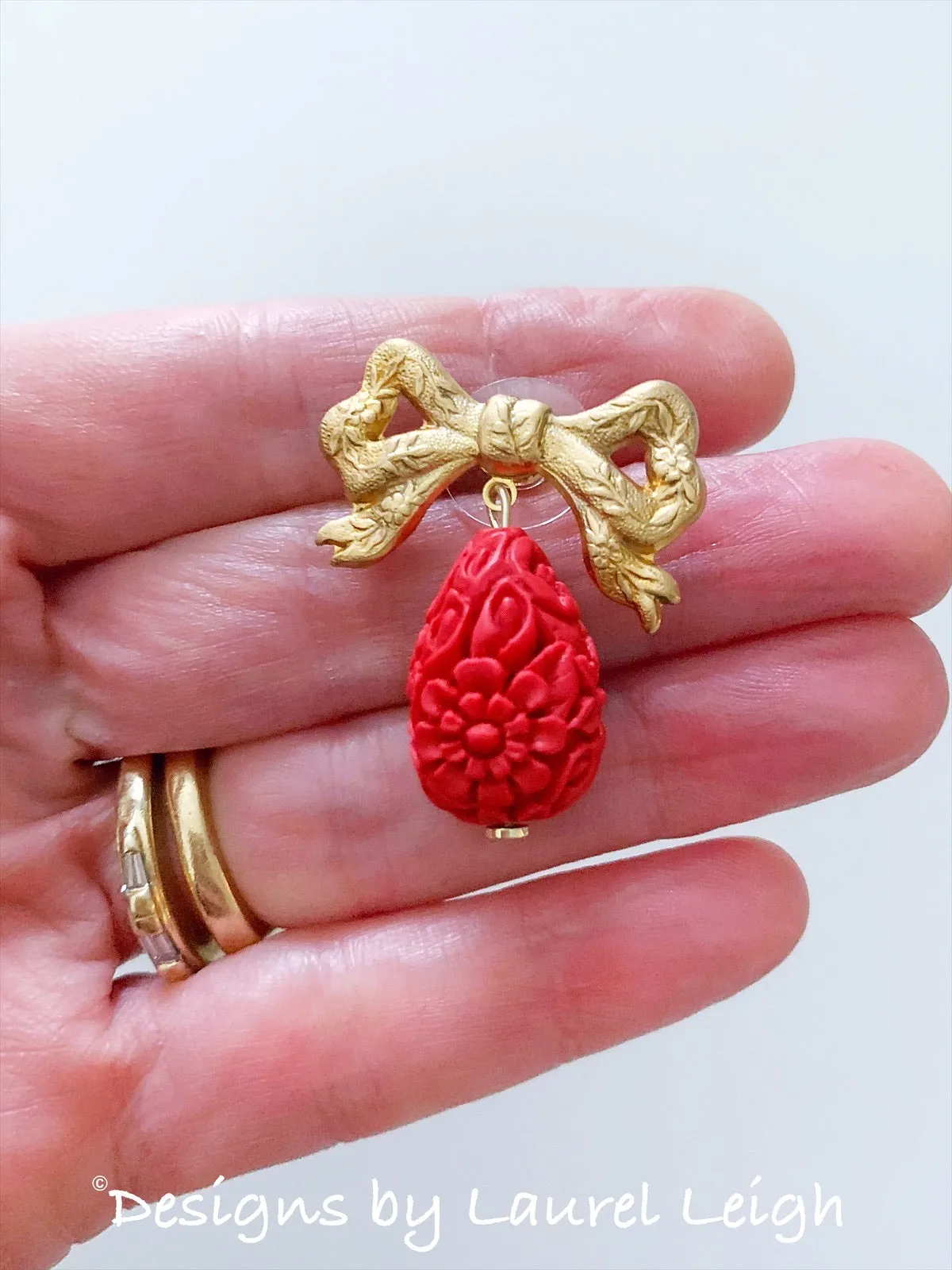 Red & Gold Bow Cinnabar Teardrop Earrings