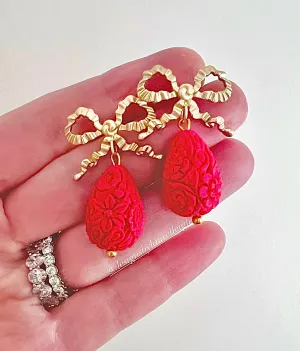 Red & Gold Bow Cinnabar Teardrop Earrings