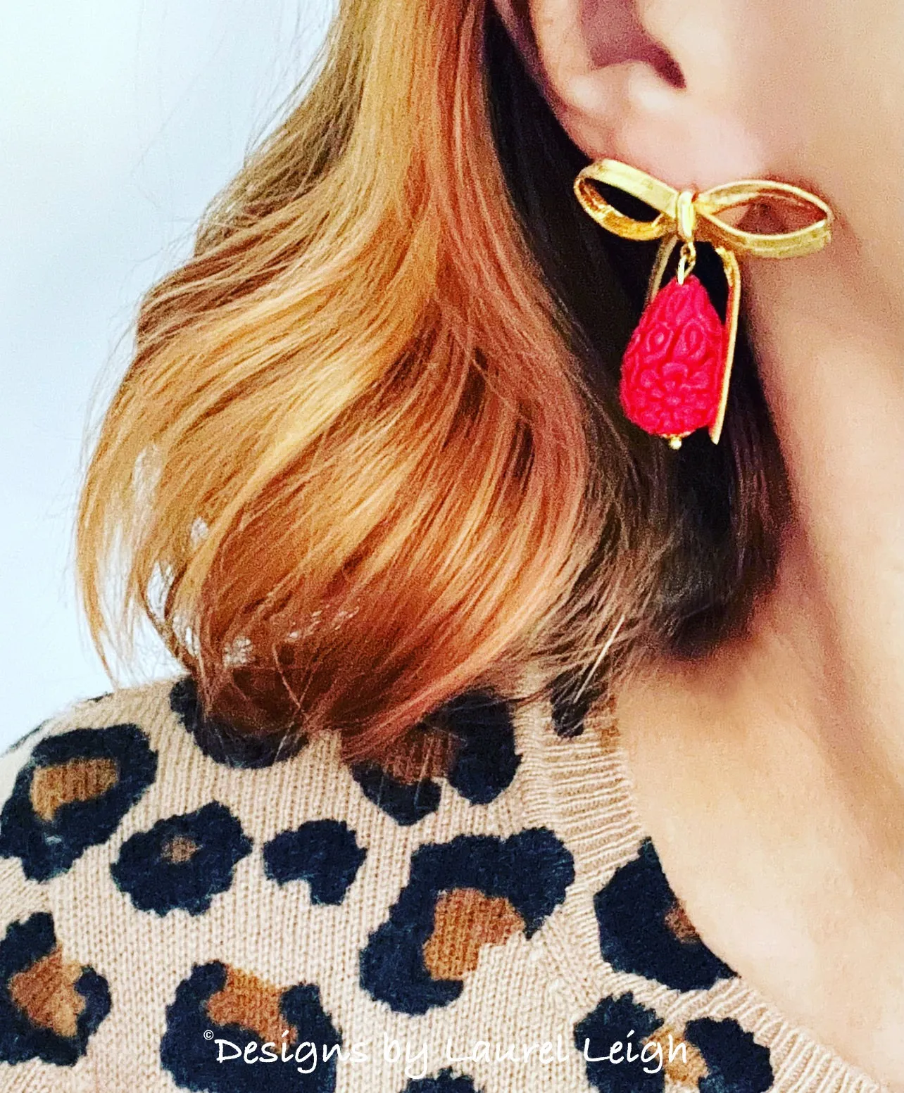 Red & Gold Bow Cinnabar Teardrop Earrings