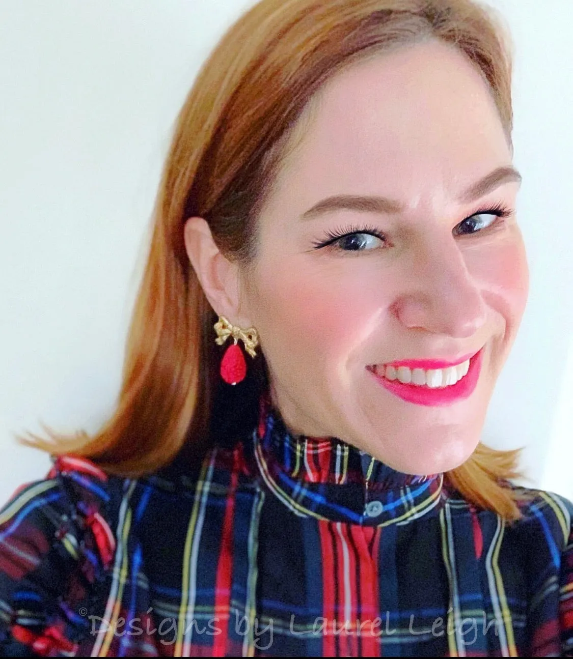 Red & Gold Bow Cinnabar Teardrop Earrings
