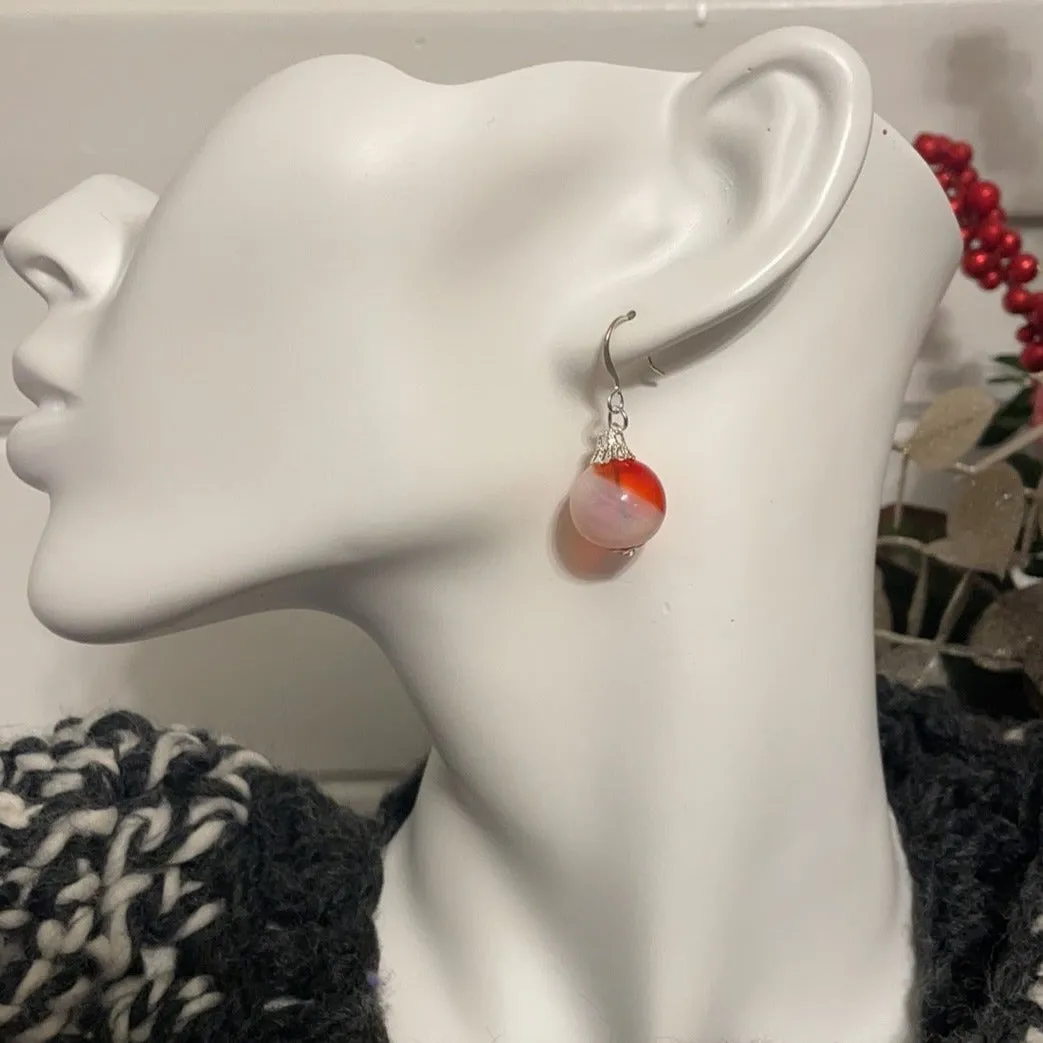 Red & White Candy Cane Swirl Blown Glass Ornament Earrings 1.5" Christmas Holiday Party Stocking Secret Santa Gift