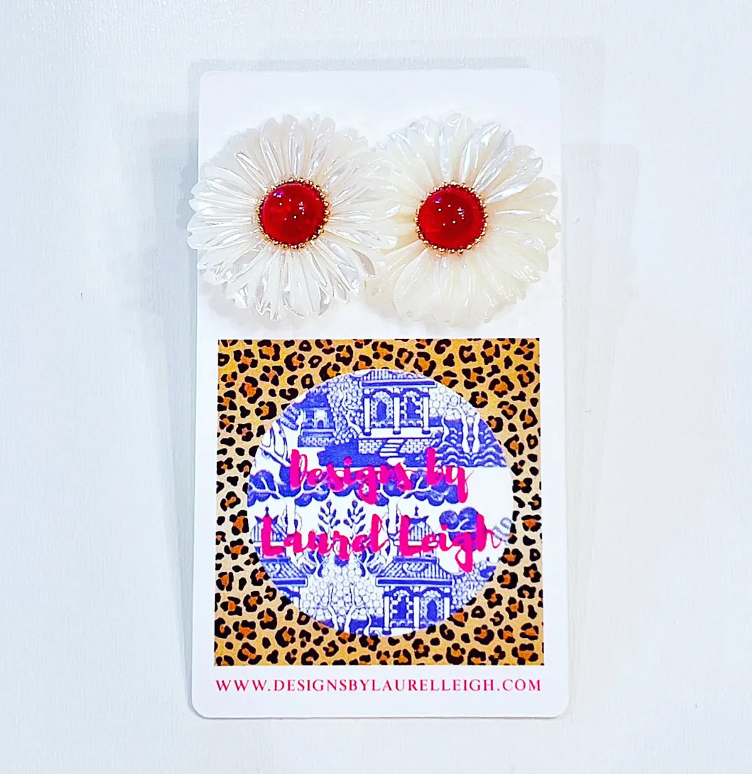 Red & White MOP Floral Studs - Medium