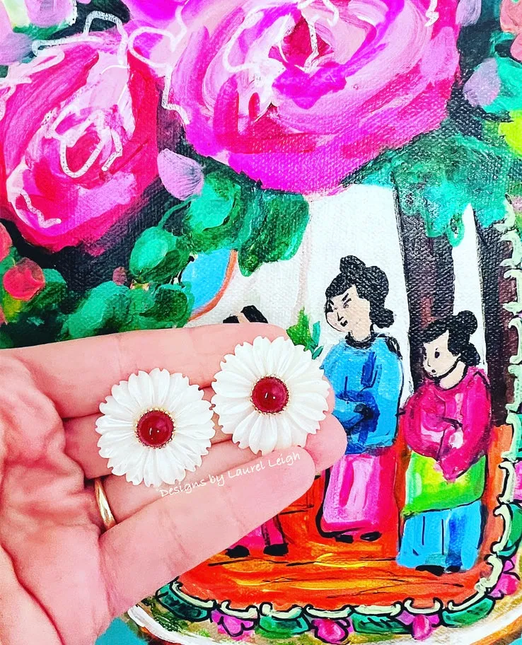 Red & White MOP Floral Studs - Medium