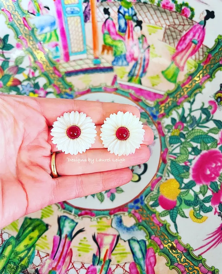 Red & White MOP Floral Studs - Medium