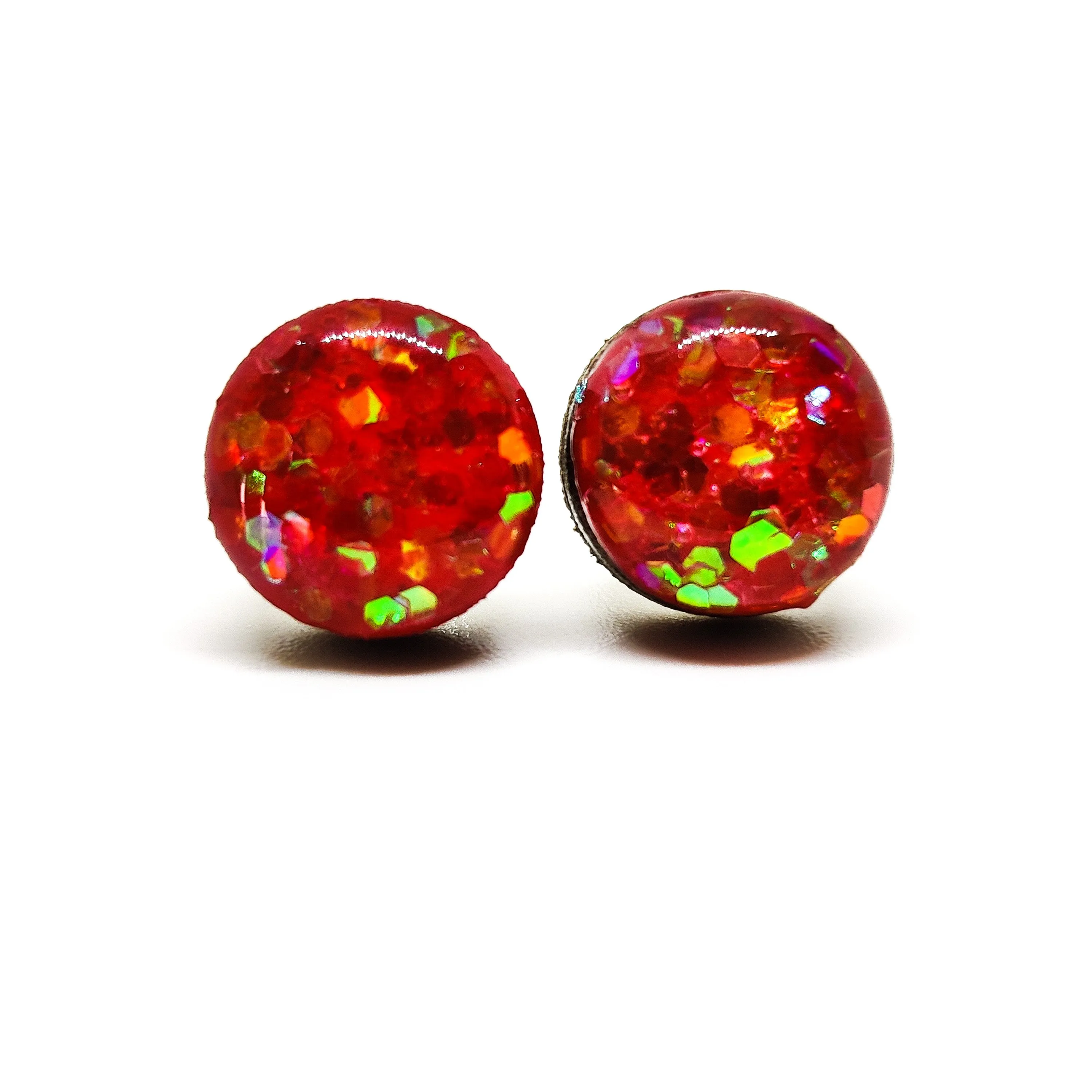 Red Hexagon Confetti Sparkle Stud Earrings by Candi Cove Designs