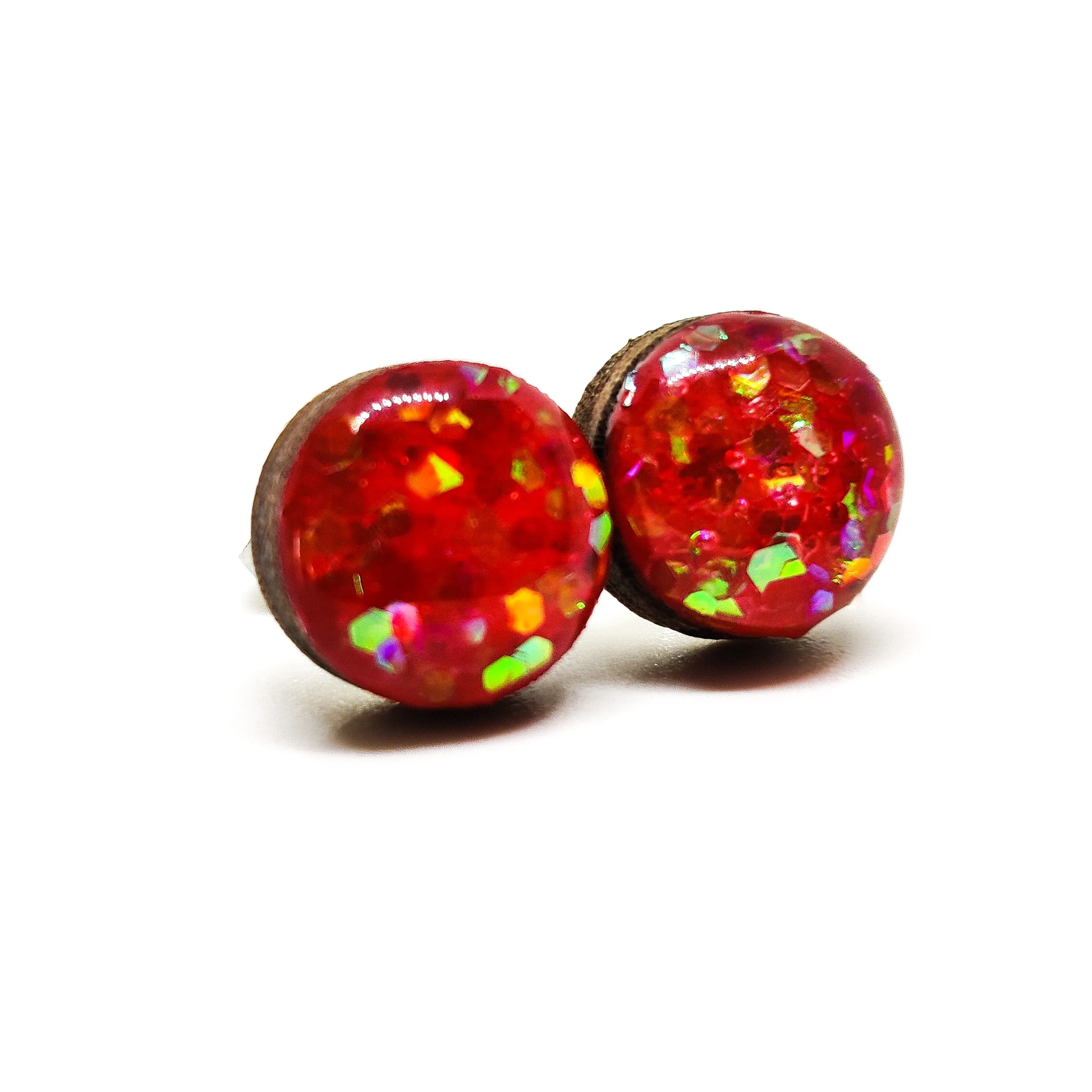 Red Hexagon Confetti Sparkle Stud Earrings by Candi Cove Designs