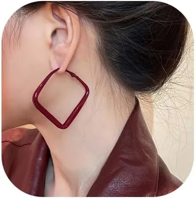 Red Hoop Earrings For Women, Geometric Retro 80s Large Big Hoop Square Statment Hoop Earings For Lady