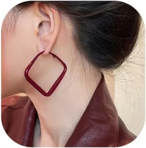 Red Hoop Earrings For Women, Geometric Retro 80s Large Big Hoop Square Statment Hoop Earings For Lady