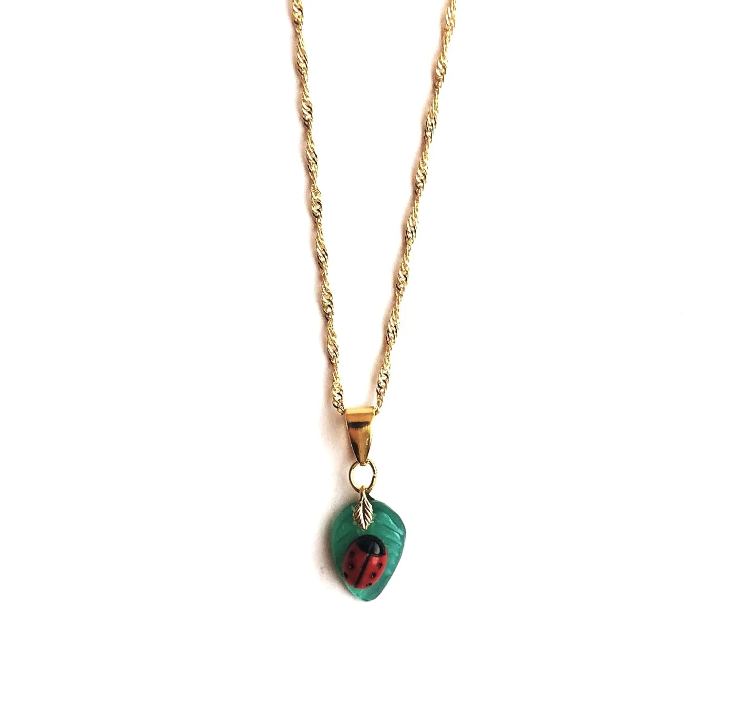 Red Ladybug on Green Jade Leaf Pendant/or Earrings Black Polka dot Minimalist Ladybird, Golden fine Chain Spring Gift (Pendant Ladybug on green Leaf)