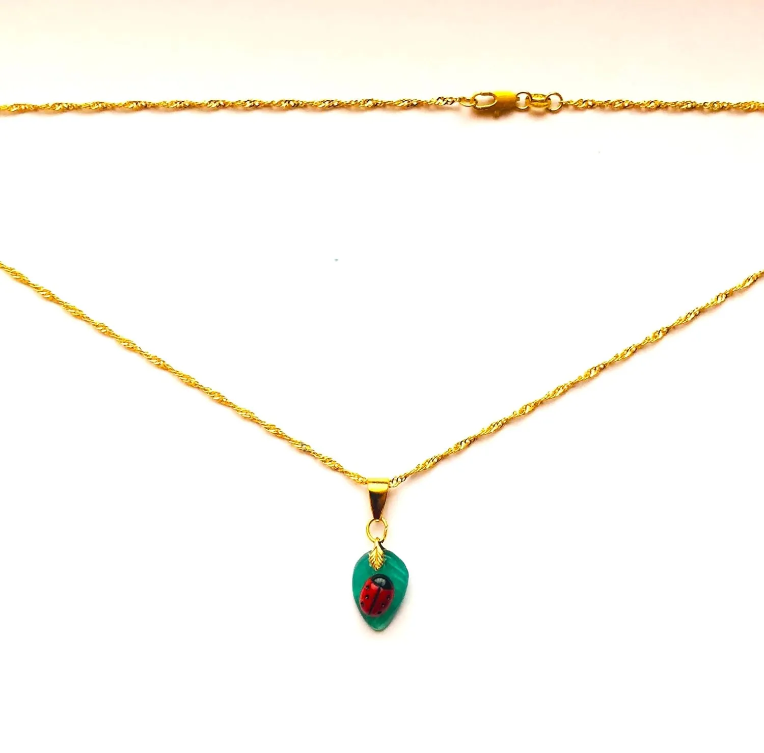 Red Ladybug on Green Jade Leaf Pendant/or Earrings Black Polka dot Minimalist Ladybird, Golden fine Chain Spring Gift (Pendant Ladybug on green Leaf)