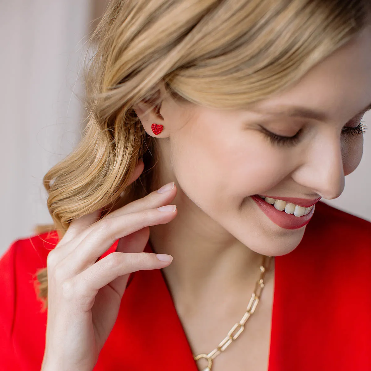 Red Pave Heart Earrings Gold Plated