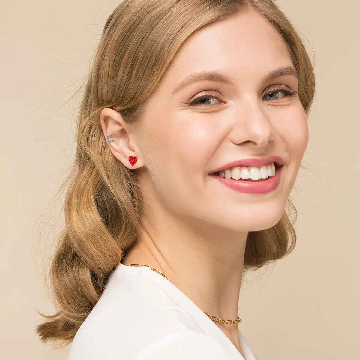 Red Pave Heart Earrings Gold Plated