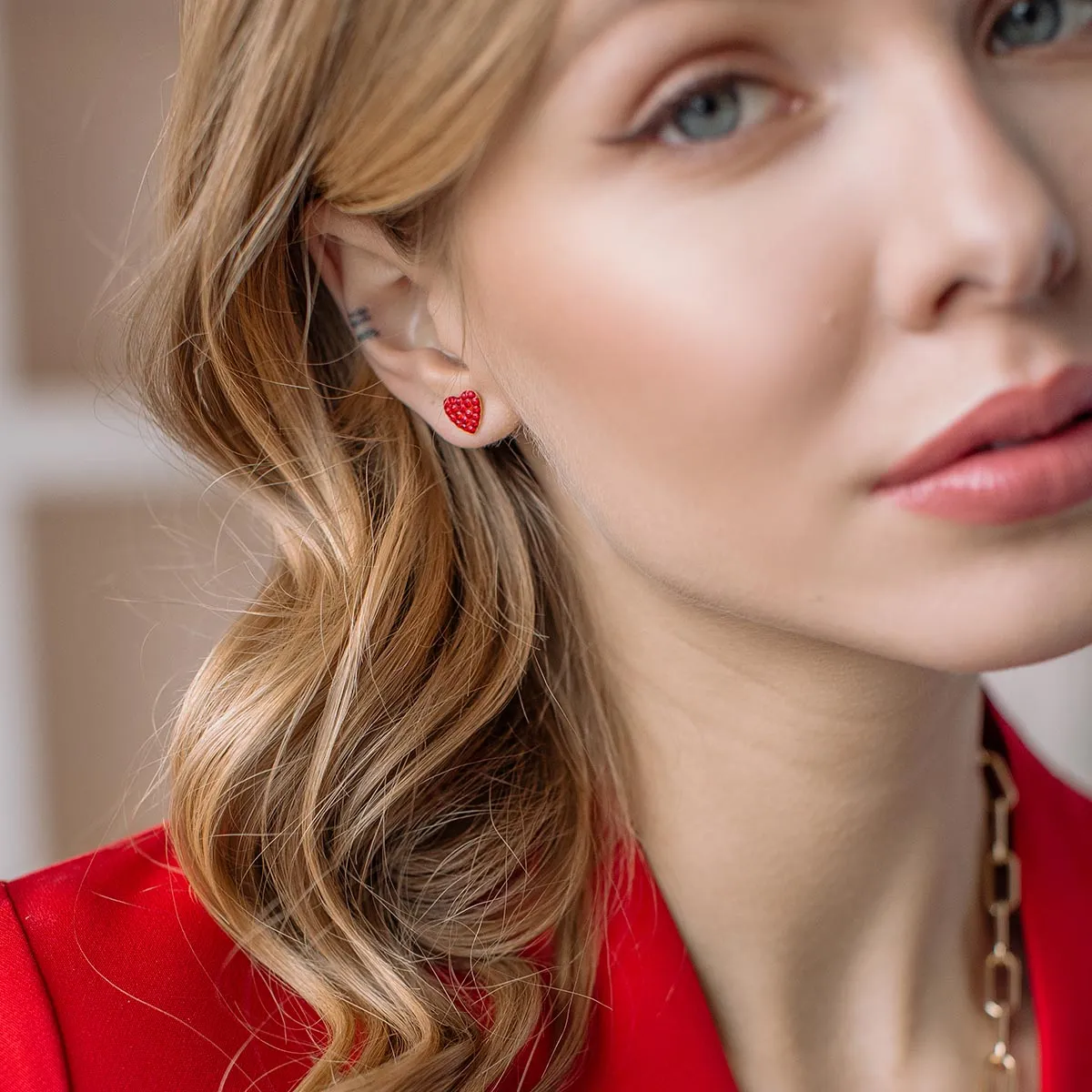 Red Pave Heart Earrings Gold Plated