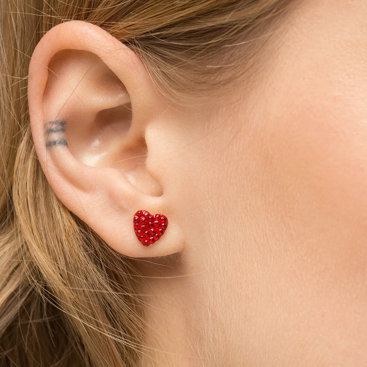 Red Pave Heart Earrings Gold Plated