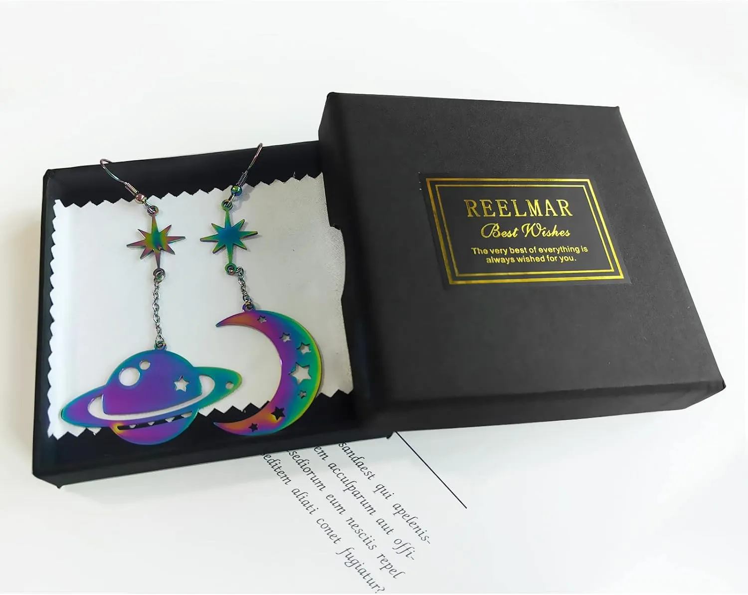REELMAR Space Dangle Earrings for Women Asymmetrical Celestial Moon Star Saturn Earrings Dangling Crescent Moon Planet Drops Gorgeous Mysterious Space Statement Jewelry