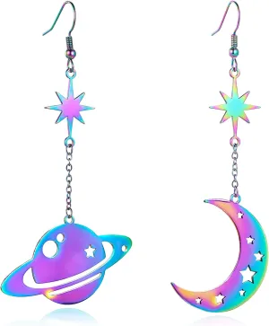 REELMAR Space Dangle Earrings for Women Asymmetrical Celestial Moon Star Saturn Earrings Dangling Crescent Moon Planet Drops Gorgeous Mysterious Space Statement Jewelry