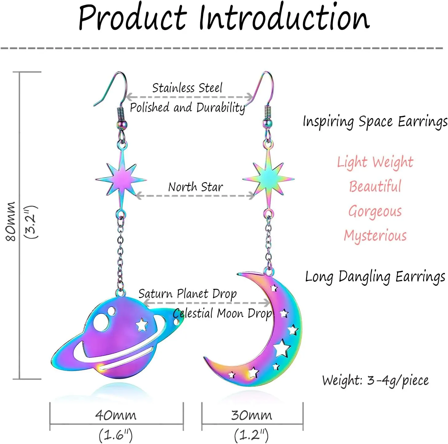 REELMAR Space Dangle Earrings for Women Asymmetrical Celestial Moon Star Saturn Earrings Dangling Crescent Moon Planet Drops Gorgeous Mysterious Space Statement Jewelry