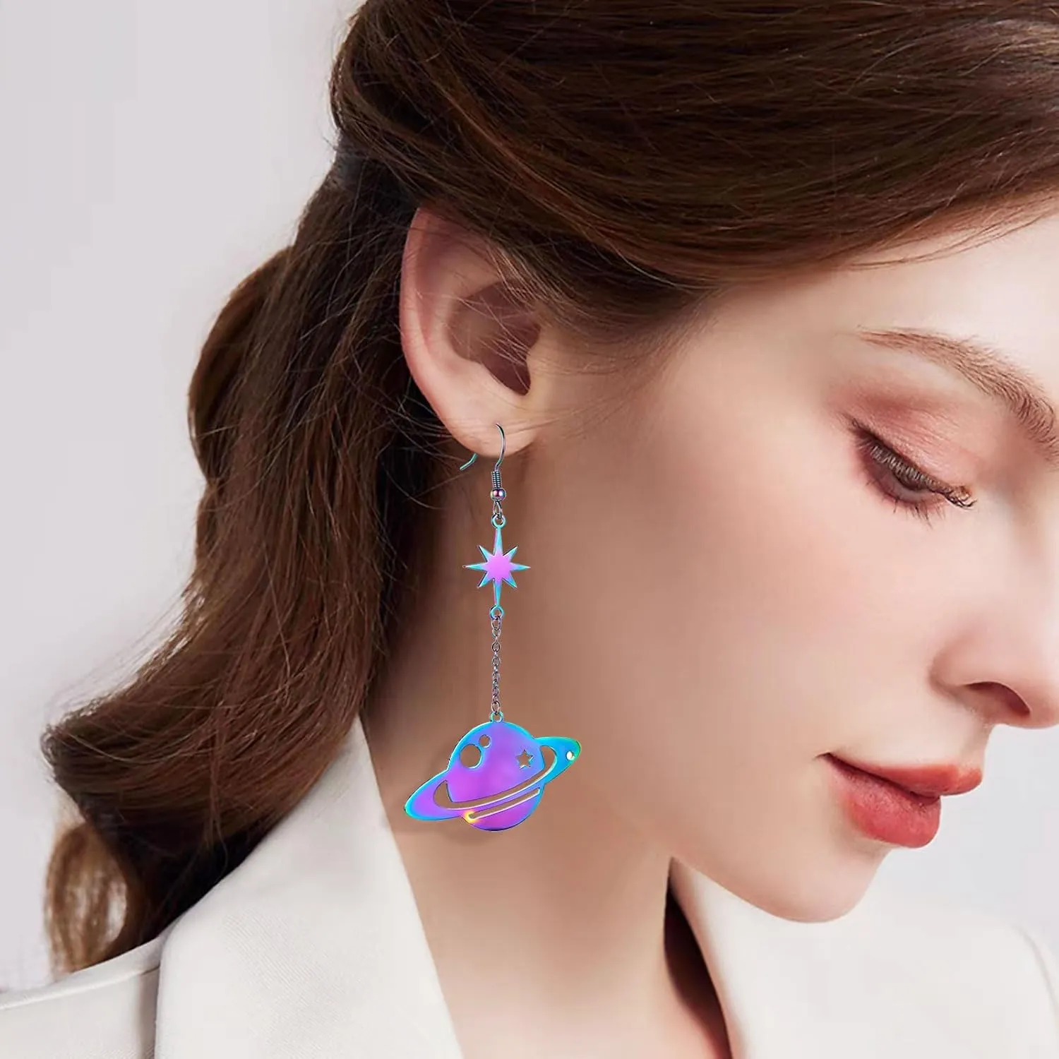 REELMAR Space Dangle Earrings for Women Asymmetrical Celestial Moon Star Saturn Earrings Dangling Crescent Moon Planet Drops Gorgeous Mysterious Space Statement Jewelry