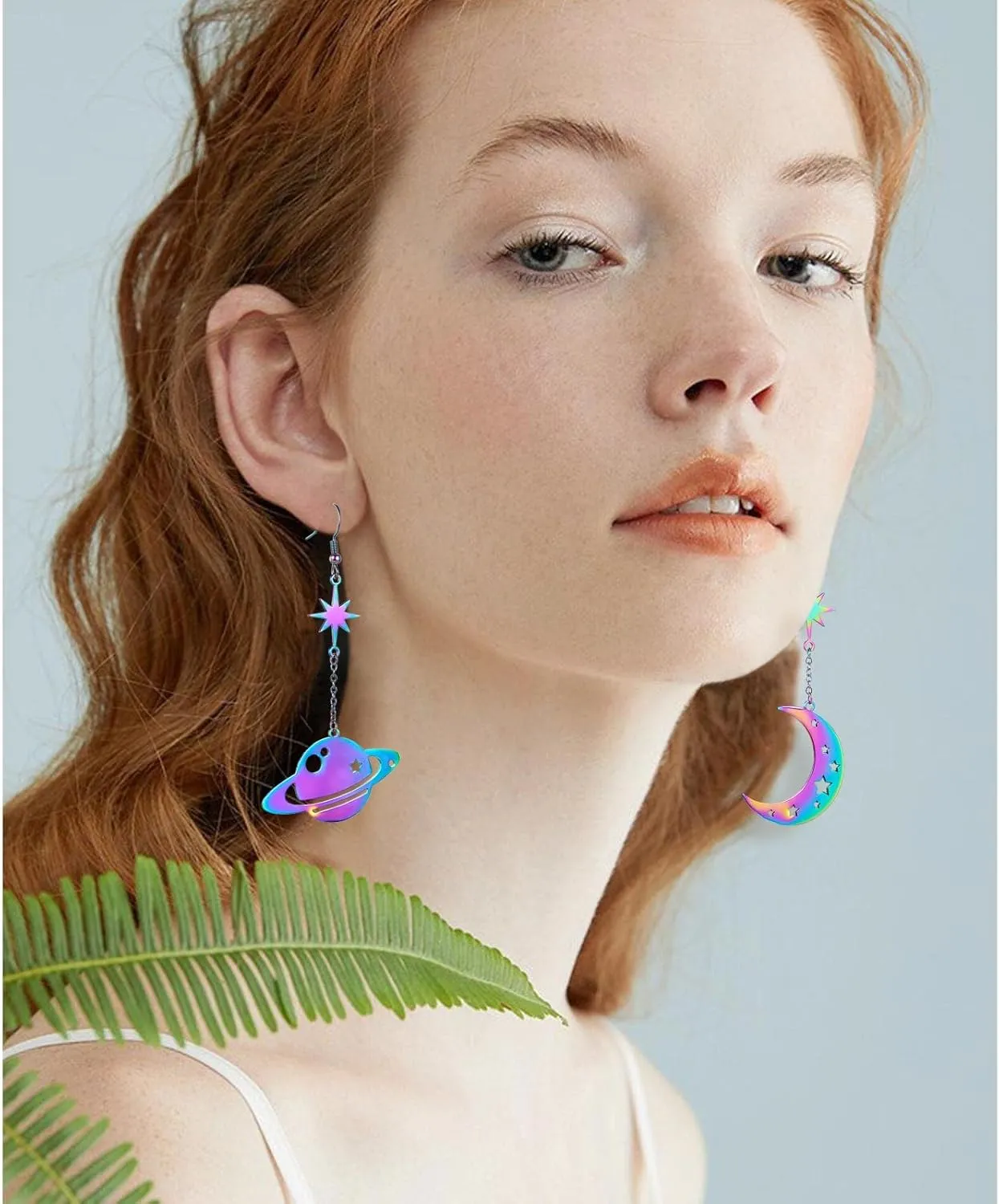 REELMAR Space Dangle Earrings for Women Asymmetrical Celestial Moon Star Saturn Earrings Dangling Crescent Moon Planet Drops Gorgeous Mysterious Space Statement Jewelry