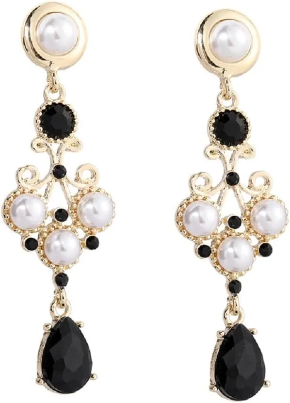 Retro Black Pearl Earrings Teardrop Chandelier Tassel Light Luxury Style Earrings for Women