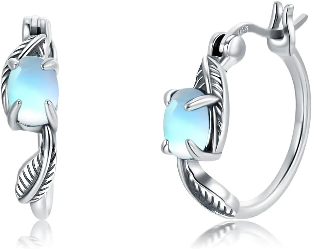 Retro Sunflower/Rose/Feather/Cross/Butterfly Moonstone Hoop Earrings 925 Sterling Silver Vintage Moonstone Hoop Earrings for Women Gifts