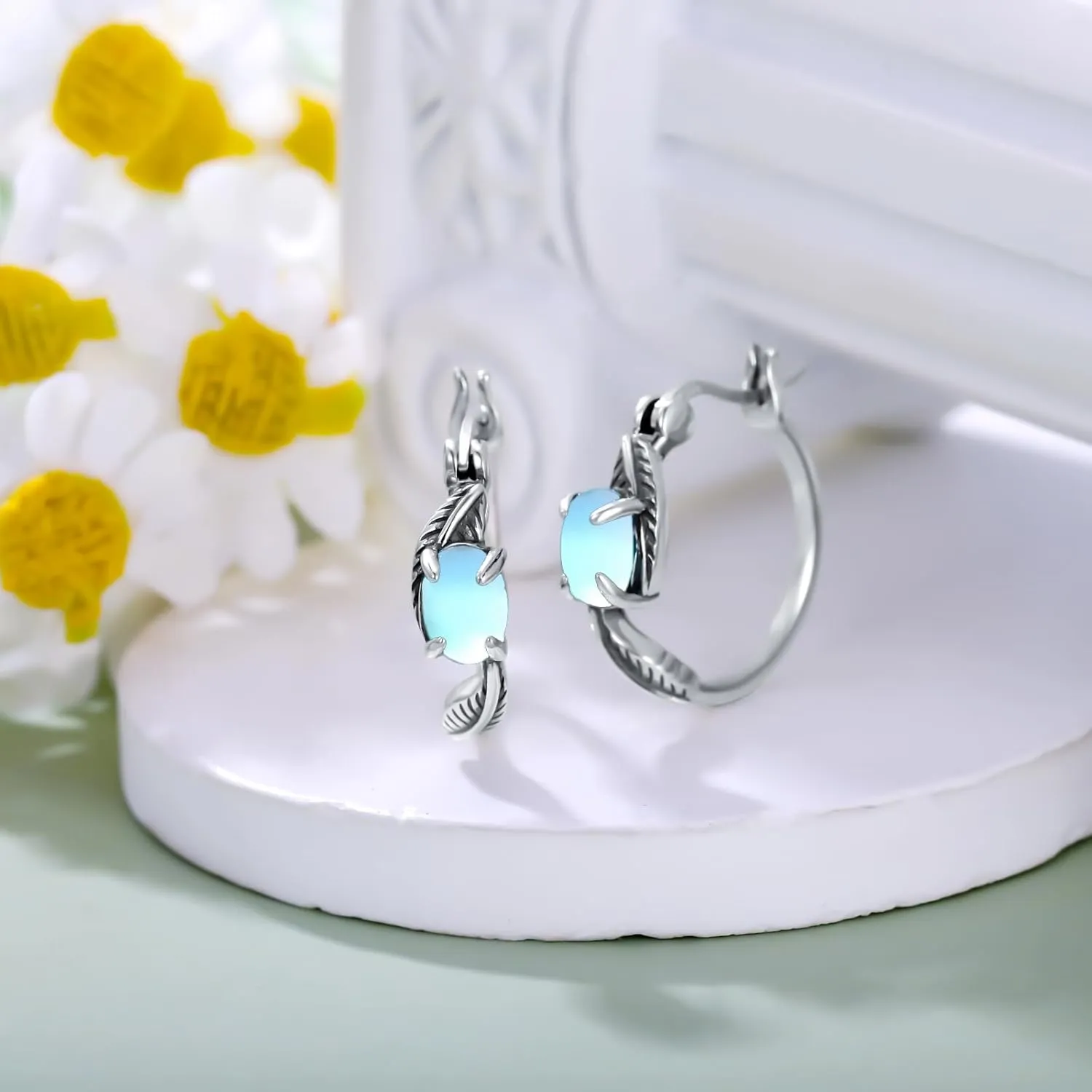 Retro Sunflower/Rose/Feather/Cross/Butterfly Moonstone Hoop Earrings 925 Sterling Silver Vintage Moonstone Hoop Earrings for Women Gifts
