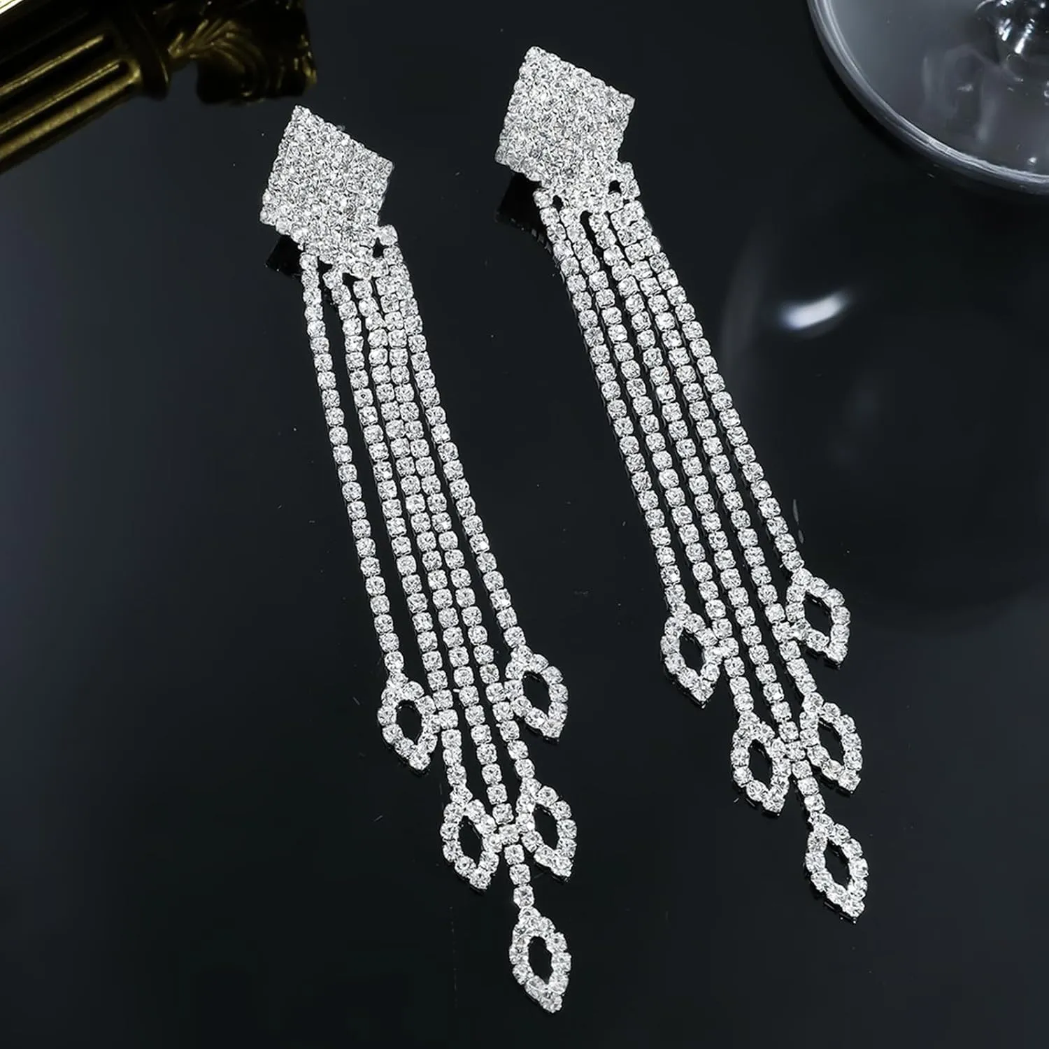Rhinestone Drop Earrings for Women Sparkly Long Tassel Earrings Dangling Crystal Statement Prom Earrings Wedding Party Dress Outfit Jewerly Gifts