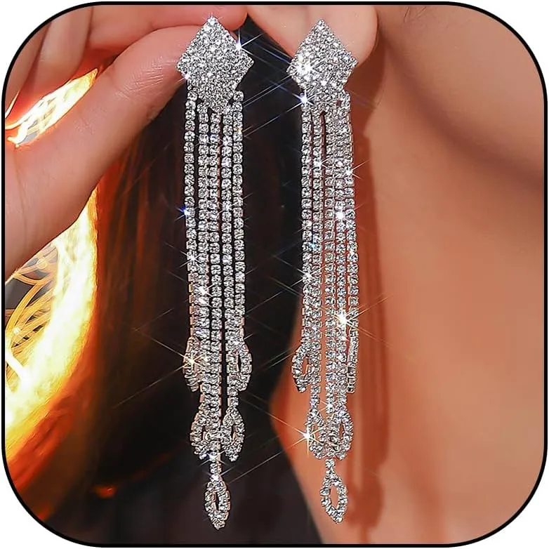 Rhinestone Drop Earrings for Women Sparkly Long Tassel Earrings Dangling Crystal Statement Prom Earrings Wedding Party Dress Outfit Jewerly Gifts