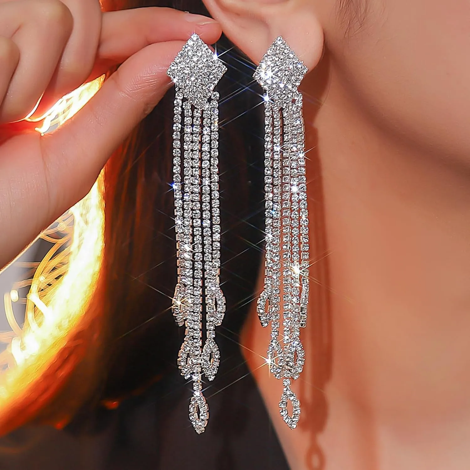 Rhinestone Drop Earrings for Women Sparkly Long Tassel Earrings Dangling Crystal Statement Prom Earrings Wedding Party Dress Outfit Jewerly Gifts