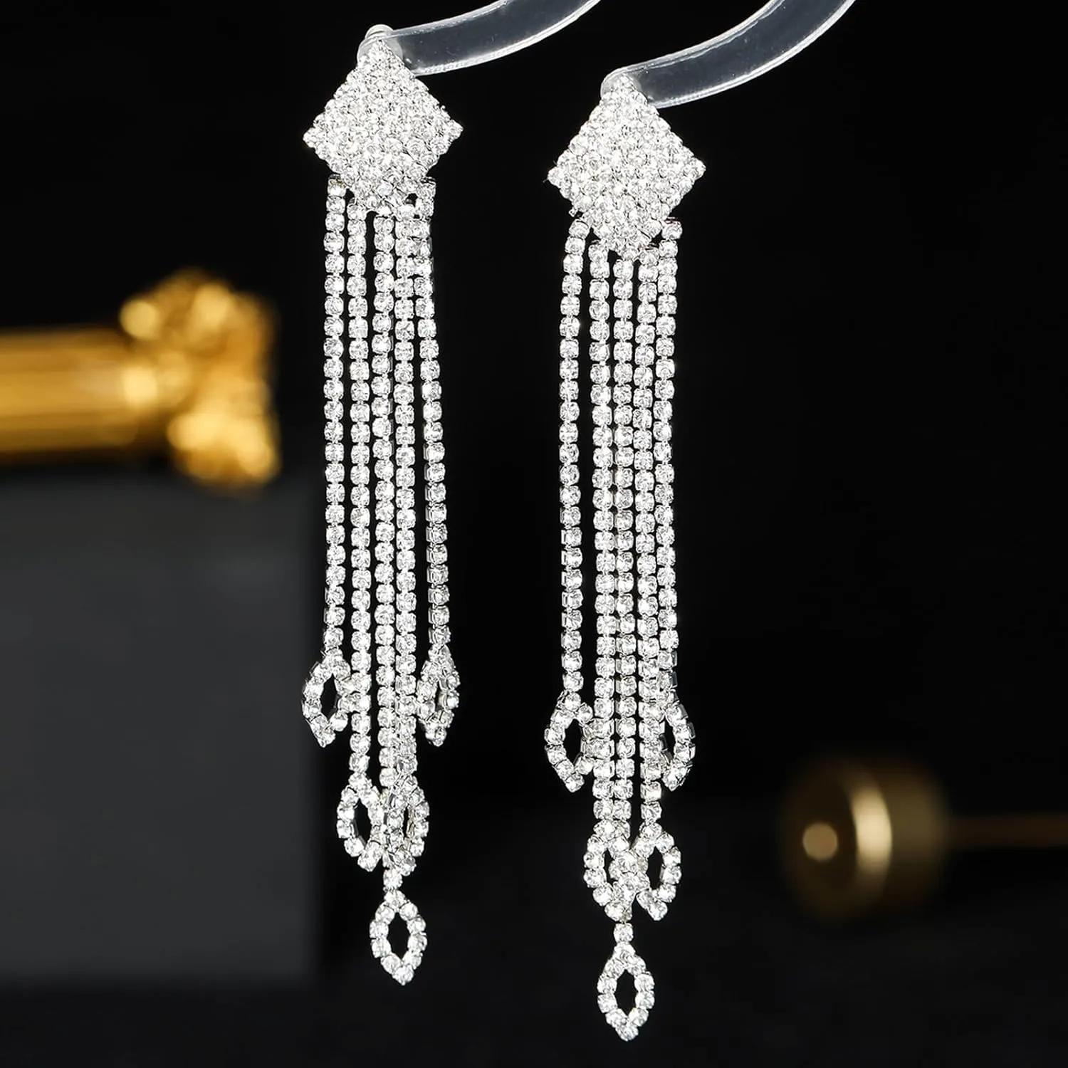 Rhinestone Drop Earrings for Women Sparkly Long Tassel Earrings Dangling Crystal Statement Prom Earrings Wedding Party Dress Outfit Jewerly Gifts