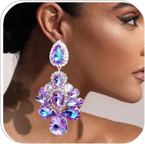 Rhinestone Purple Dangle Earrings for Women Prom Colorful Crystal Statement Earrings Geometric Trendy