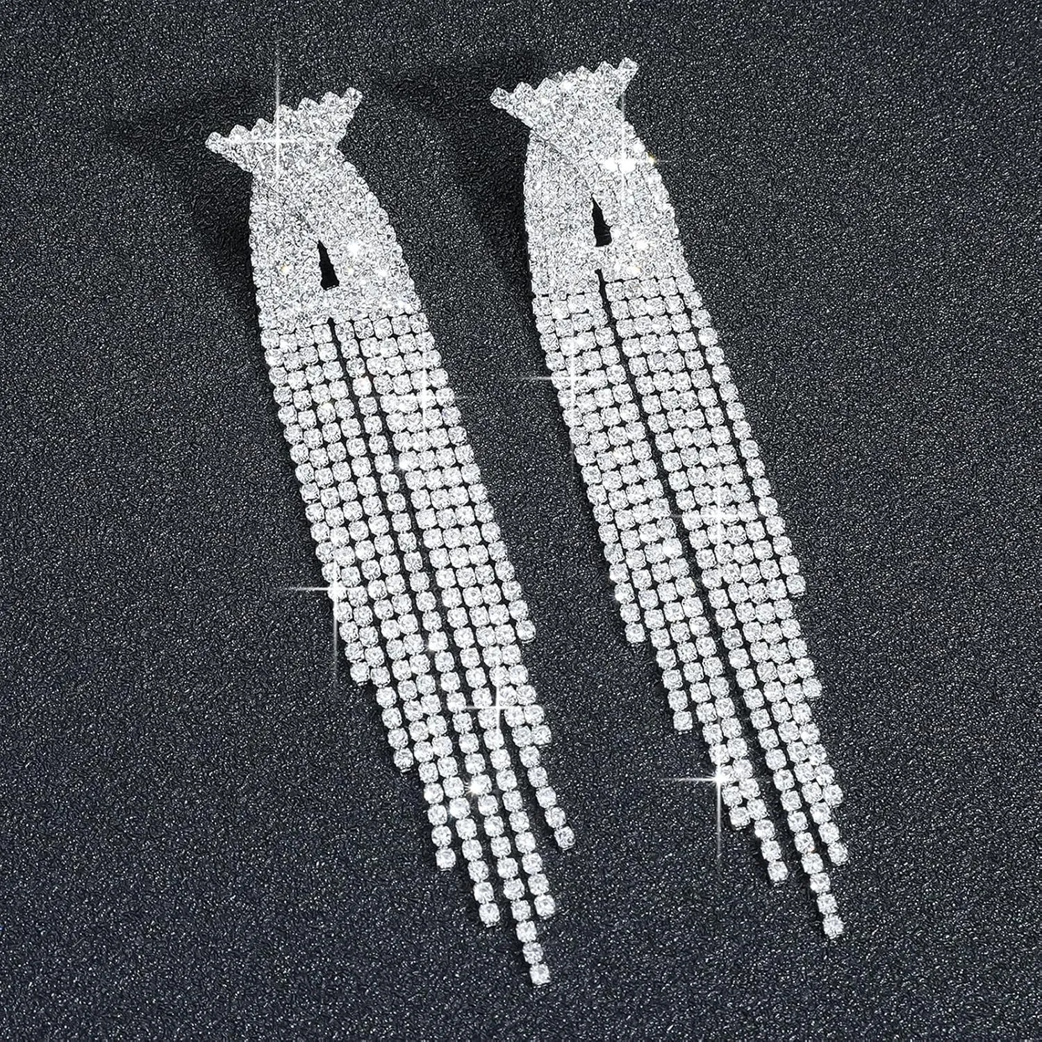 Rhinestone Tassel Earrings for Women Sparkly Long Tassel Earrings Prom Earrings Bling Crystal Chandelier Earrings Wedding Party Prom Dress Outfit Jewerly Gifts