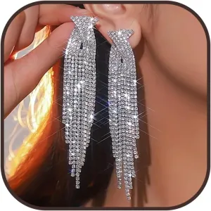 Rhinestone Tassel Earrings for Women Sparkly Long Tassel Earrings Prom Earrings Bling Crystal Chandelier Earrings Wedding Party Prom Dress Outfit Jewerly Gifts