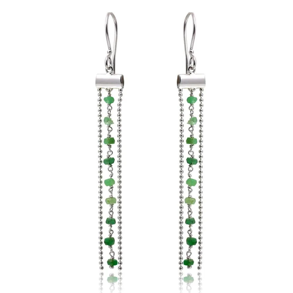 Rhodium Plated 925 Sterling Silver Dangling Tassel Earrings with Green Beads - DIE00005RH-EM