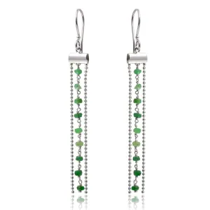 Rhodium Plated 925 Sterling Silver Dangling Tassel Earrings with Green Beads - DIE00005RH-EM
