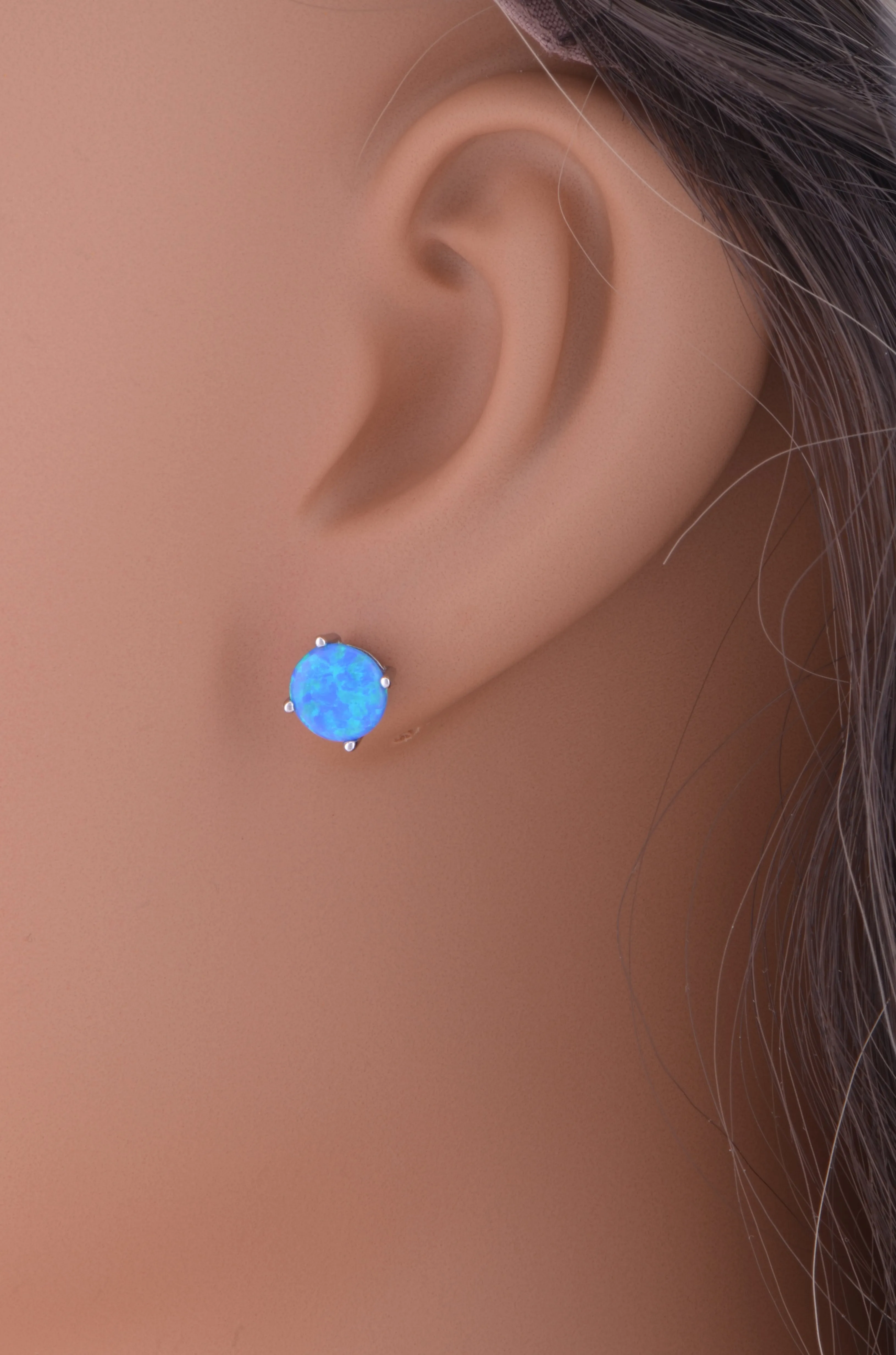 Rhodium Plated Silver Women's Created Blue Opal Round Stud Earrings - 12MM Diameter