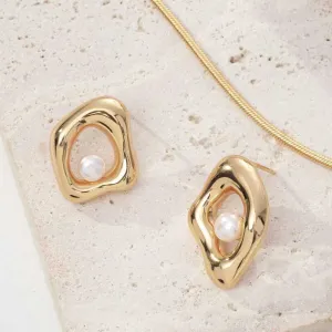 Rhombus Pearl Earrings -18k Gold Plating
