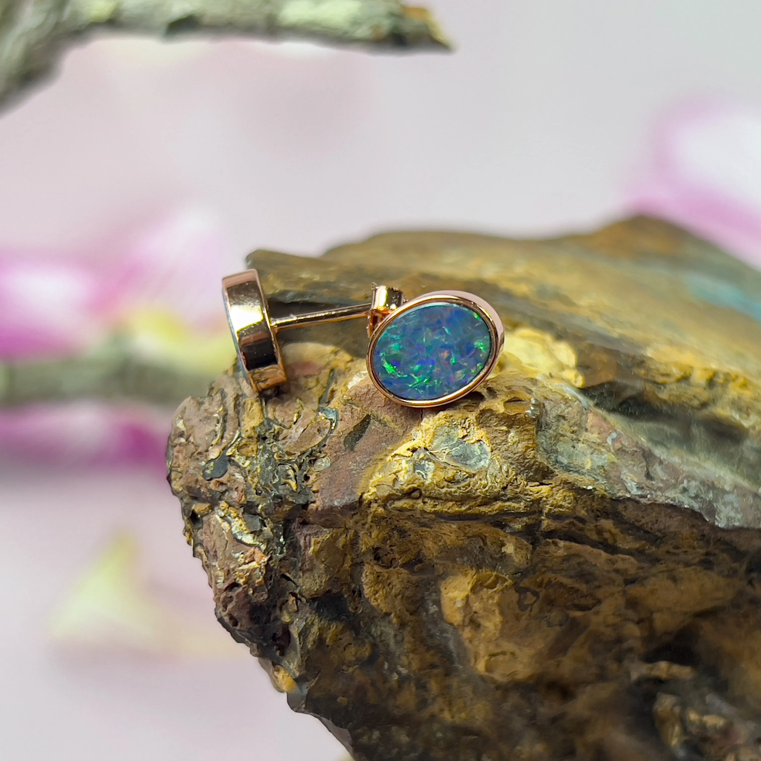 Rose Gold Plated 8x6mm Opal Doublet Earrings - Dainty Gold Studs, Handmade Opal Jewelry, Cute Gift for Her, Birthstone Earrings