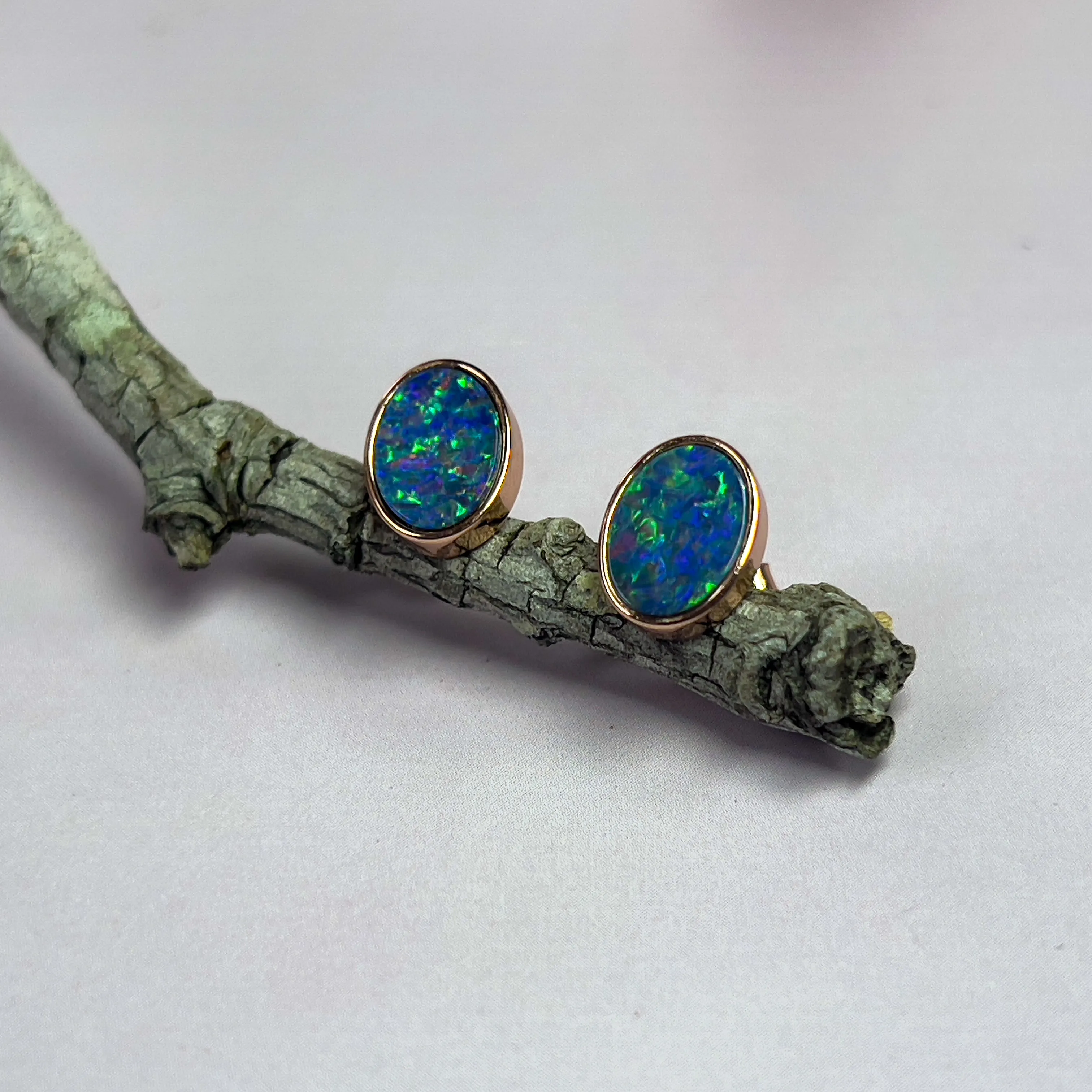 Rose Gold Plated 8x6mm Opal Doublet Earrings - Dainty Gold Studs, Handmade Opal Jewelry, Cute Gift for Her, Birthstone Earrings