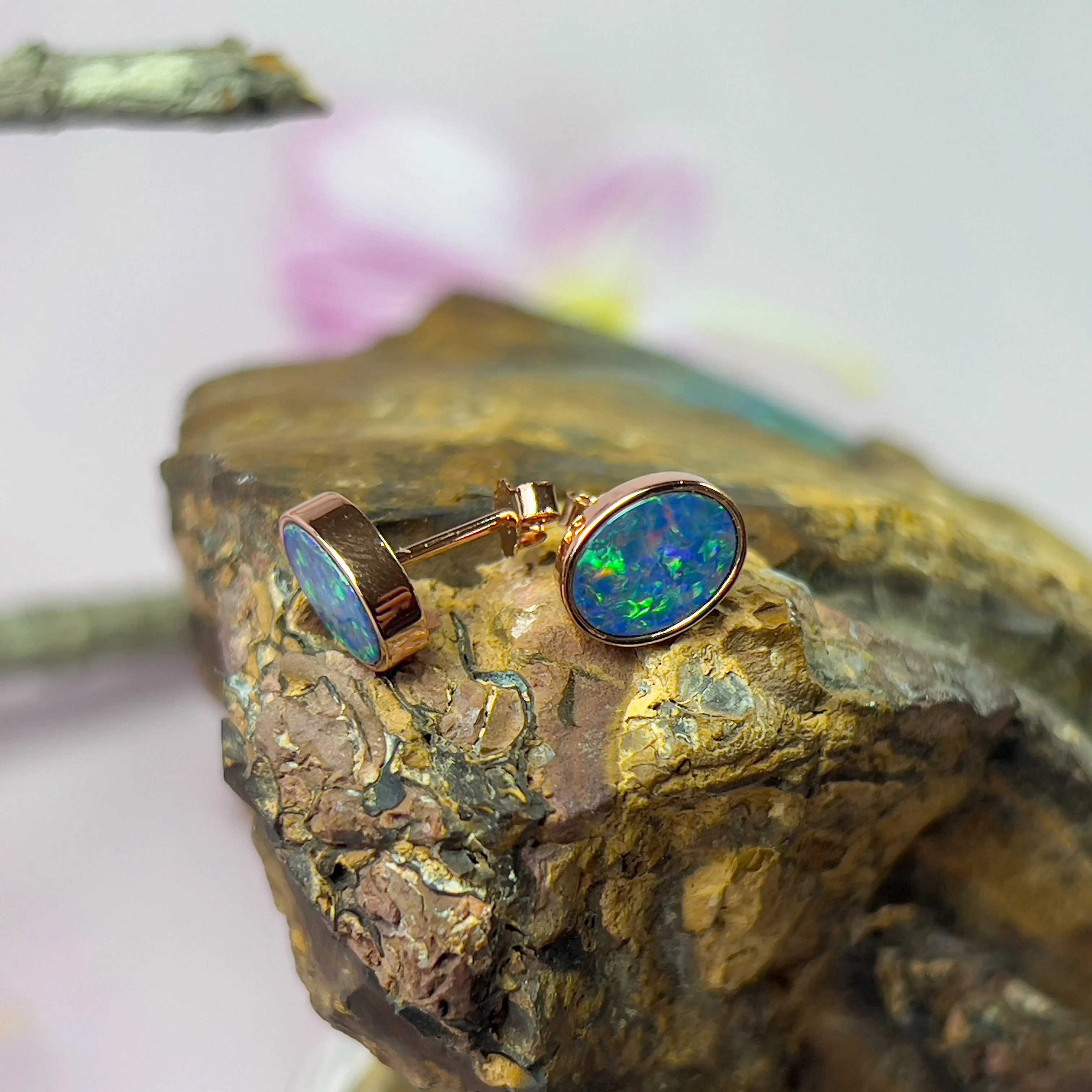 Rose Gold Plated 8x6mm Opal Doublet Earrings - Dainty Gold Studs, Handmade Opal Jewelry, Cute Gift for Her, Birthstone Earrings
