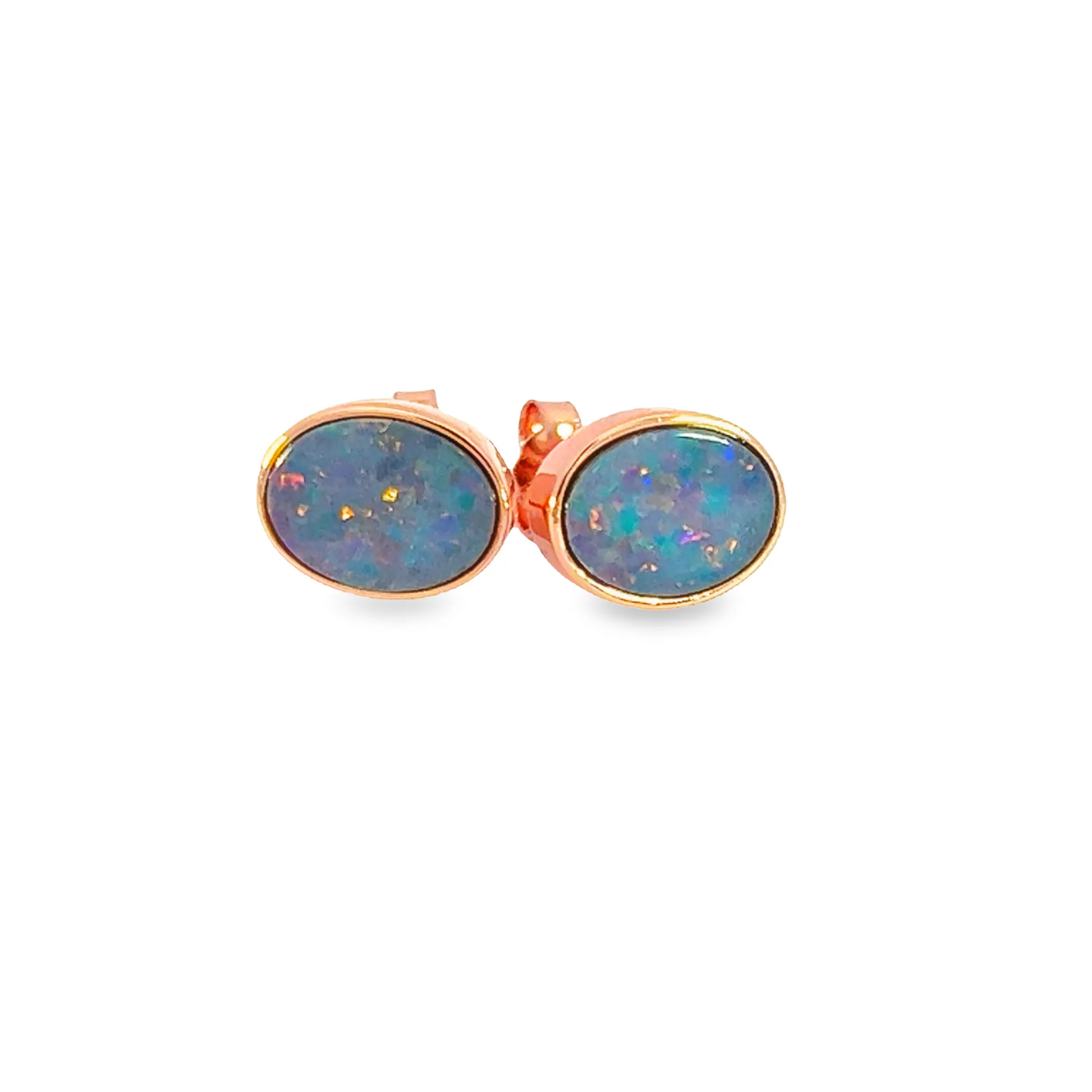 Rose Gold Plated 8x6mm Opal Doublet Earrings - Dainty Gold Studs, Handmade Opal Jewelry, Cute Gift for Her, Birthstone Earrings