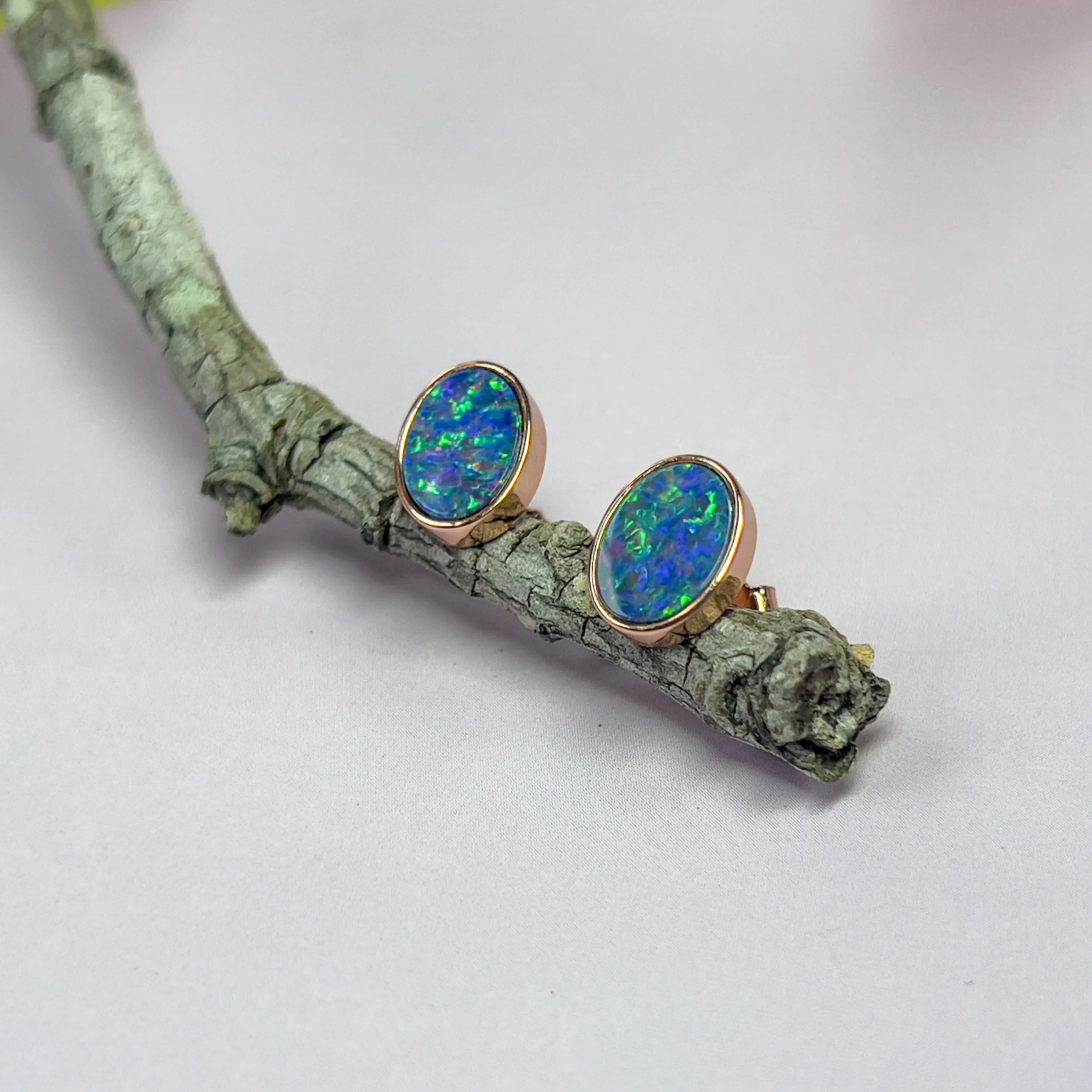 Rose Gold Plated 8x6mm Opal Doublet Earrings - Dainty Gold Studs, Handmade Opal Jewelry, Cute Gift for Her, Birthstone Earrings
