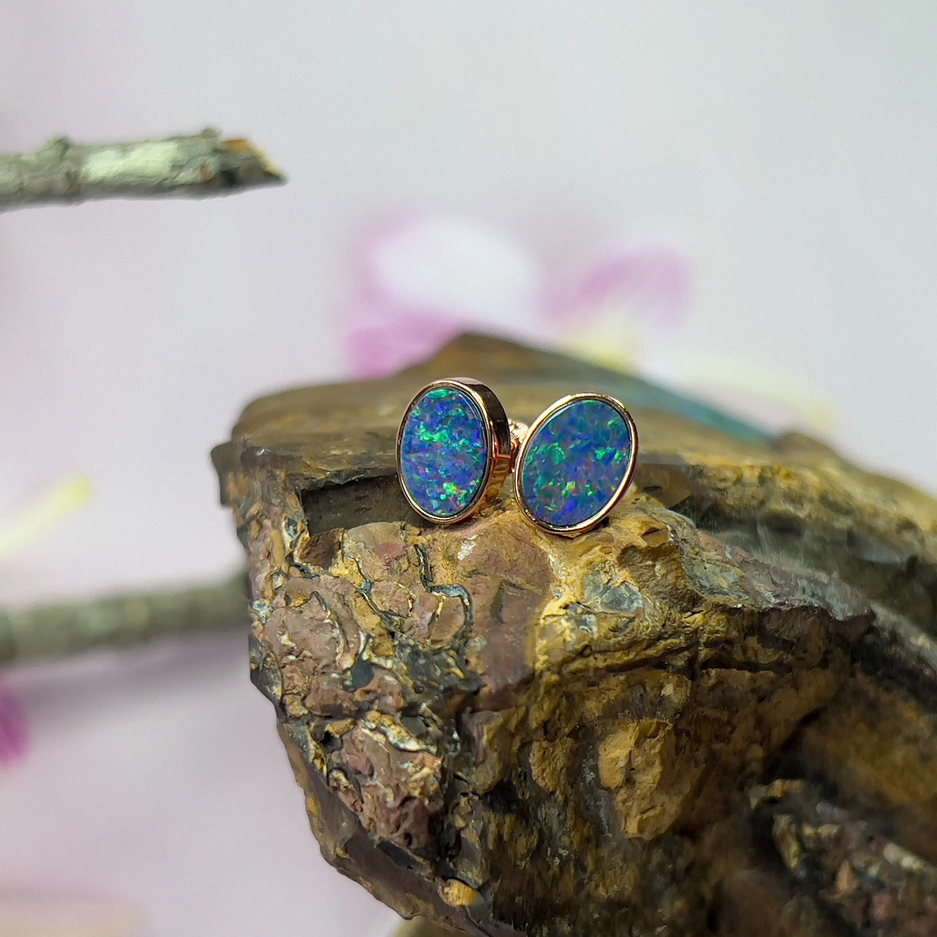 Rose Gold Plated 8x6mm Opal Doublet Earrings - Dainty Gold Studs, Handmade Opal Jewelry, Cute Gift for Her, Birthstone Earrings