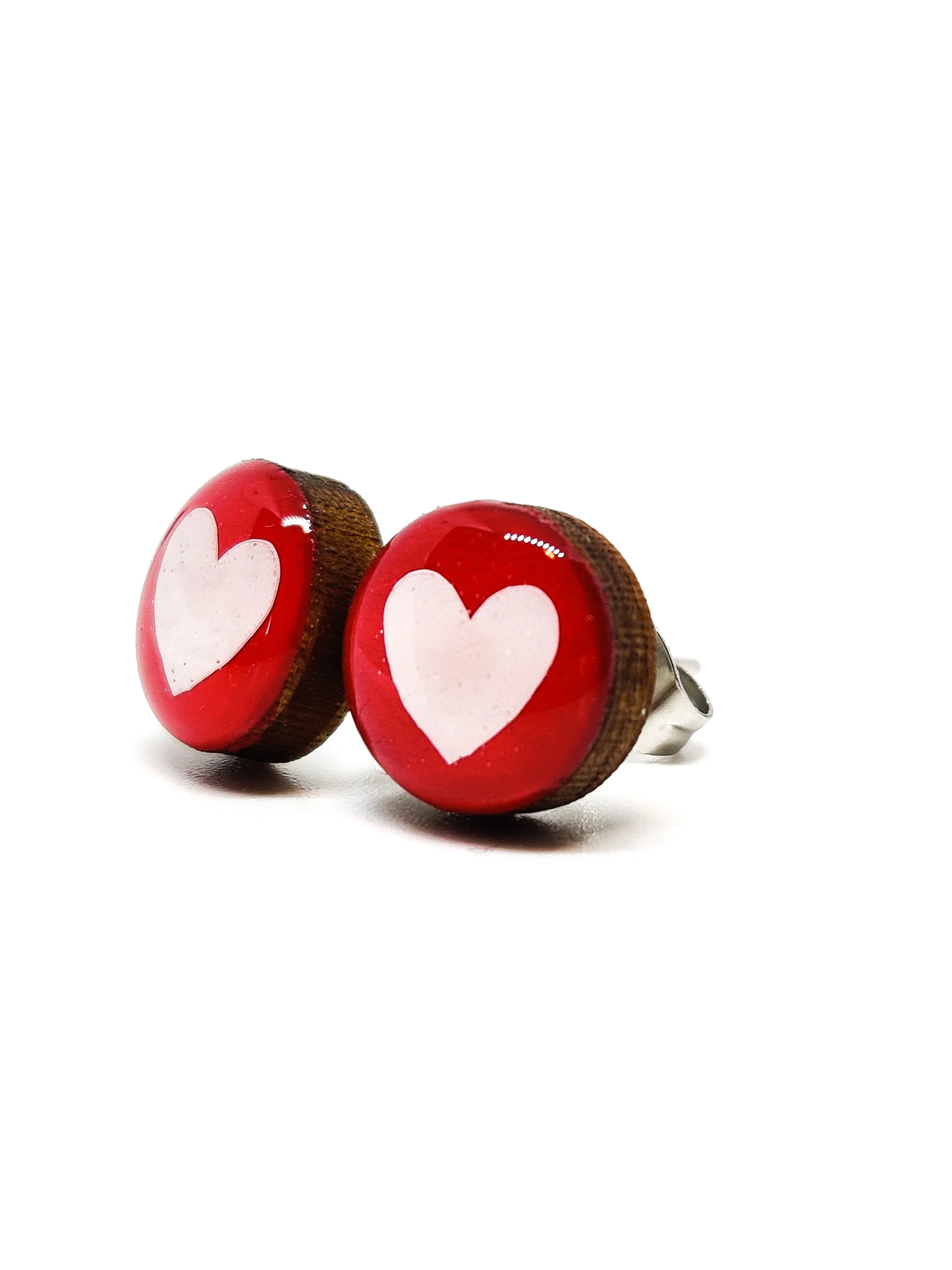 Rose Red With White Heart Stud Earrings by Candi Cove Designs