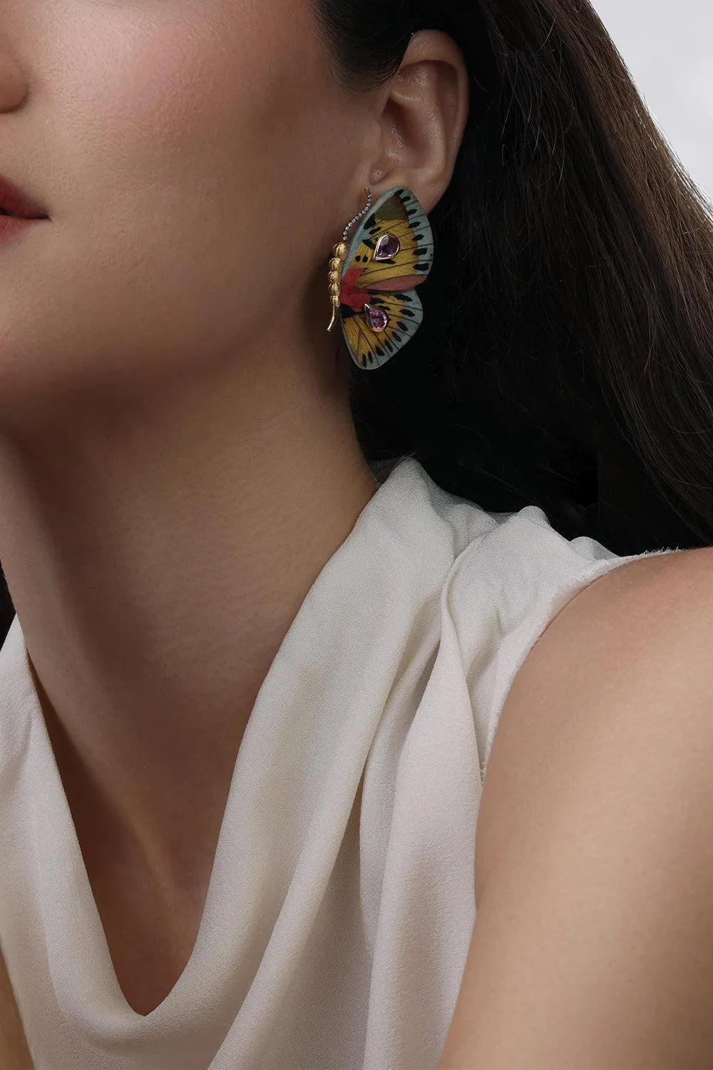 Rose Sapphire Butterfly Marquetry Earrings